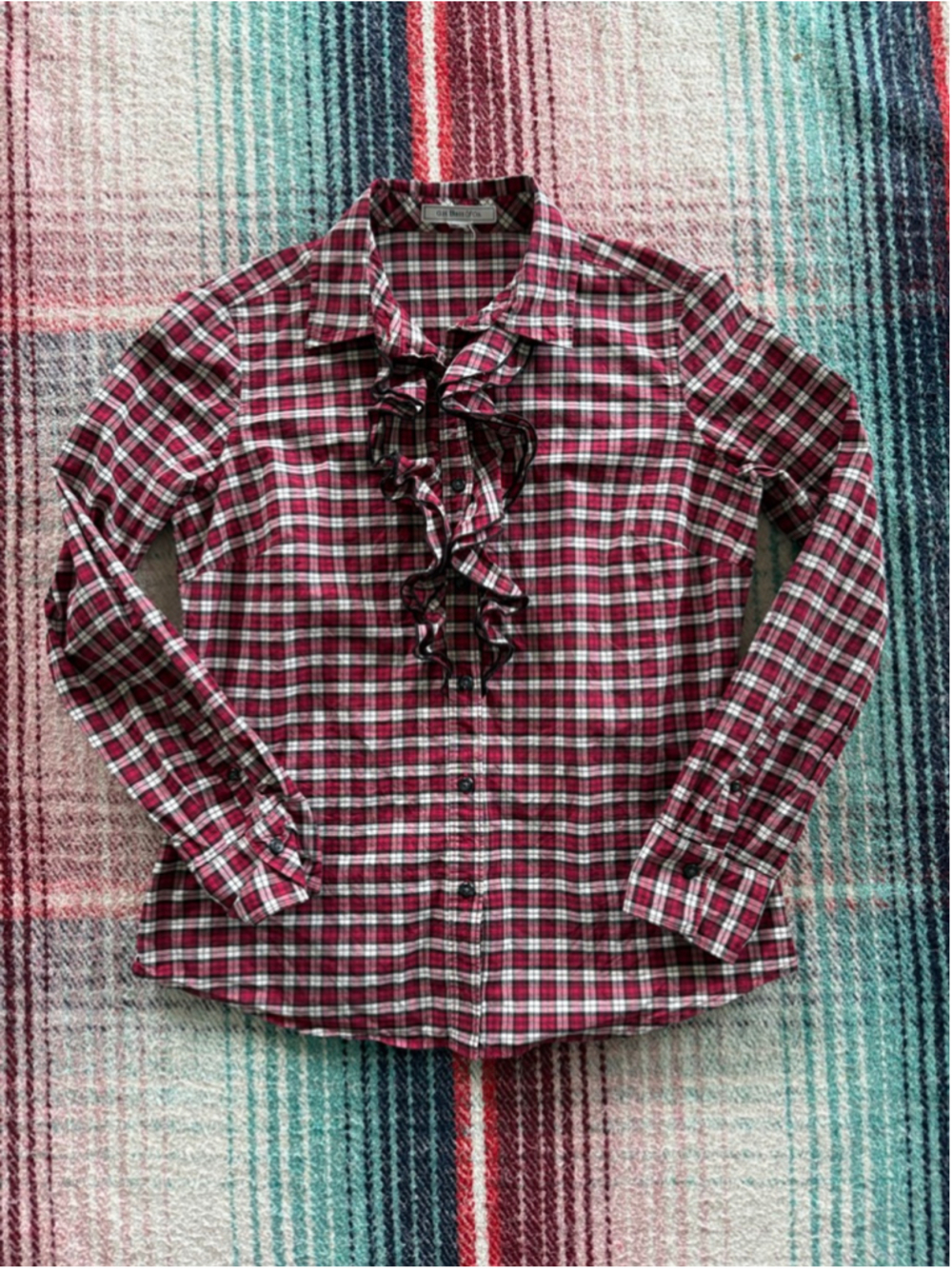 Women's G.H. Bass & Co. Red & White Plaid Ruffle Button Down Shirt S